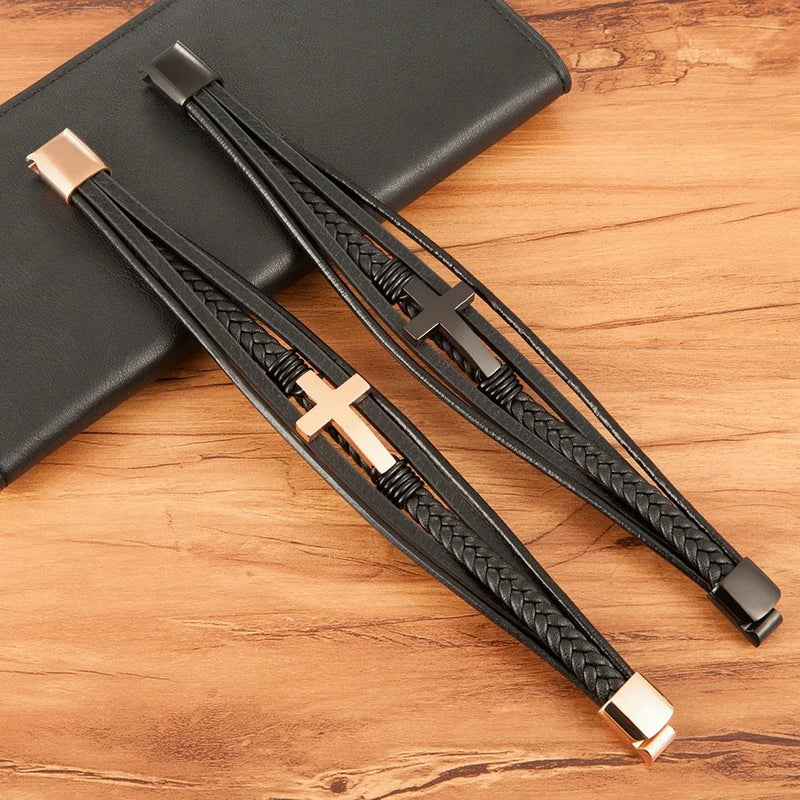 Pulseiras luxo multicolorido cruz design clássico aço inoxidável pulseira de couro masculino 19/21/23cm