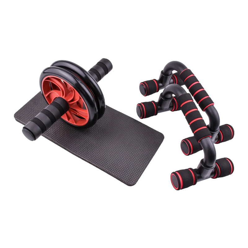 Kit equipamento fitness - Rolo abdominal, corda de pular, suporte para flexão e hand grip