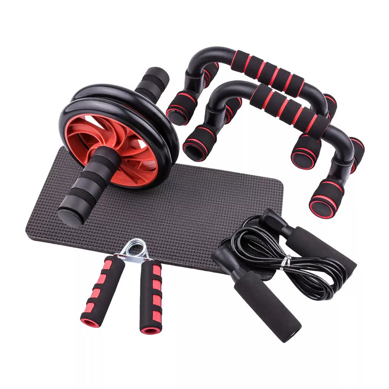 Kit equipamento fitness - Rolo abdominal, corda de pular, suporte para flexão e hand grip