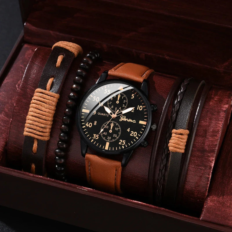 Relógios esportivos masculinos, relógio de pulso de quartzo de negócios, pulseiras de couro marrom de luxo, relógio casual masculino (sem caixa)
