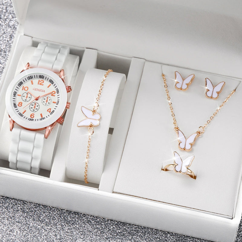 5 unidades / conjunto Relógio Genebra feminino moda pulseira de silicone relógio de quartzo conjunto de joias borboleta (sem caixa)