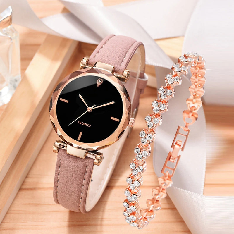 Conjunto de luxo 2 pcs moda feminina relógio de pulso quartzo + pulseira couro strass rosegold liga pulseira