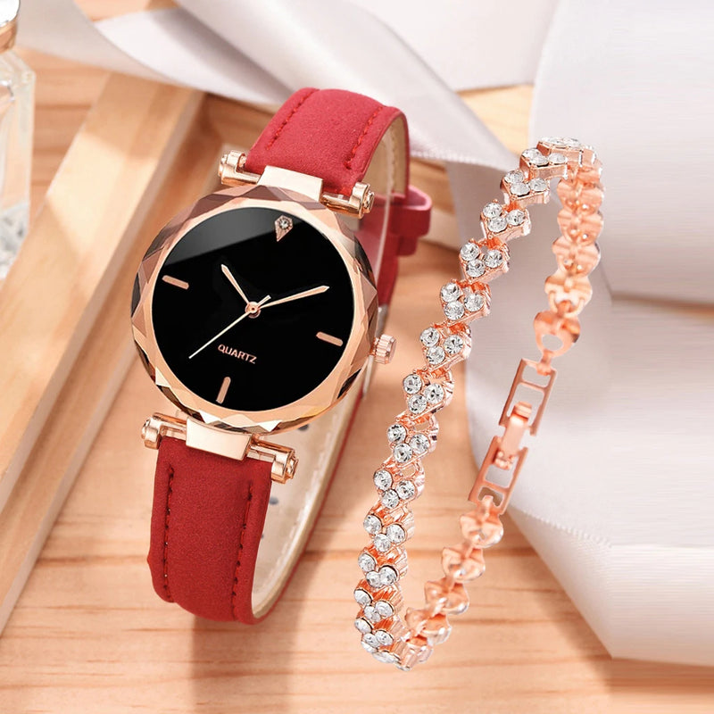 Conjunto de luxo 2 pcs moda feminina relógio de pulso quartzo + pulseira couro strass rosegold liga pulseira