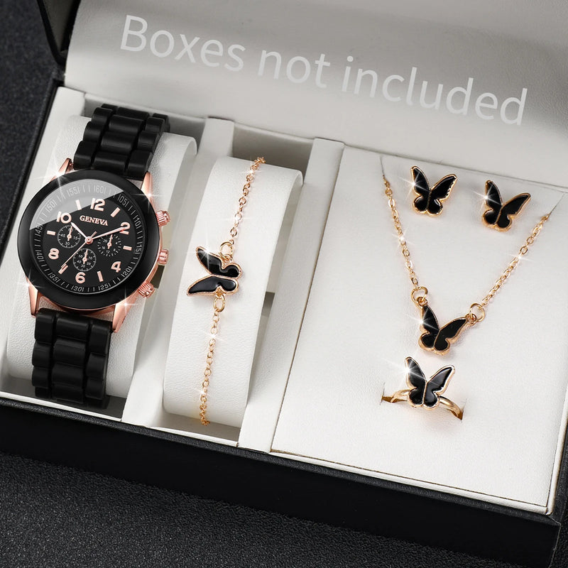 5 unidades / conjunto Relógio Genebra feminino moda pulseira de silicone relógio de quartzo conjunto de joias borboleta (sem caixa)